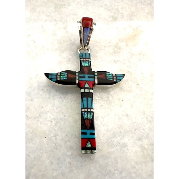 Handmade Native 925 Silver Micro Inlay Cross Pendant Genuine Gemstone Mosaic NEW - Picture 6 of 6